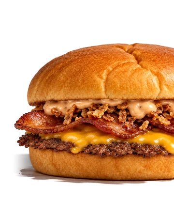 The Trucker, smash burger de Woody's Factory : sauce bacon, bacon, oignons frits, steak smashé et cheddar