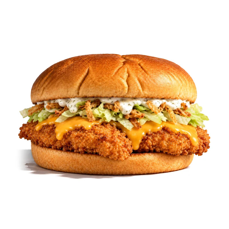 Burger au poulet The Ranch : sauce ranch, salade, oignons frits, poulet frit et cheddar
