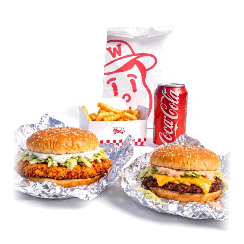 Formule étudiante Woody's Factory : deux burgers, frites ondulées et boisson