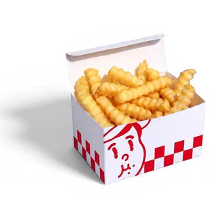 Wavy Fries de Woody's Factory : frites ondulées dans leur boîte à damier rouge