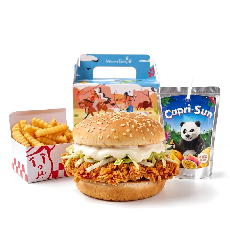 Menu enfant Little Woody : burger au poulet, frites ondulées et Capri-Sun