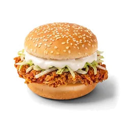 Un burger junior : le Ranch Jr de Woody's Factory, poulet frit croustillant, salade et sauce ranch dans un bun au sésame