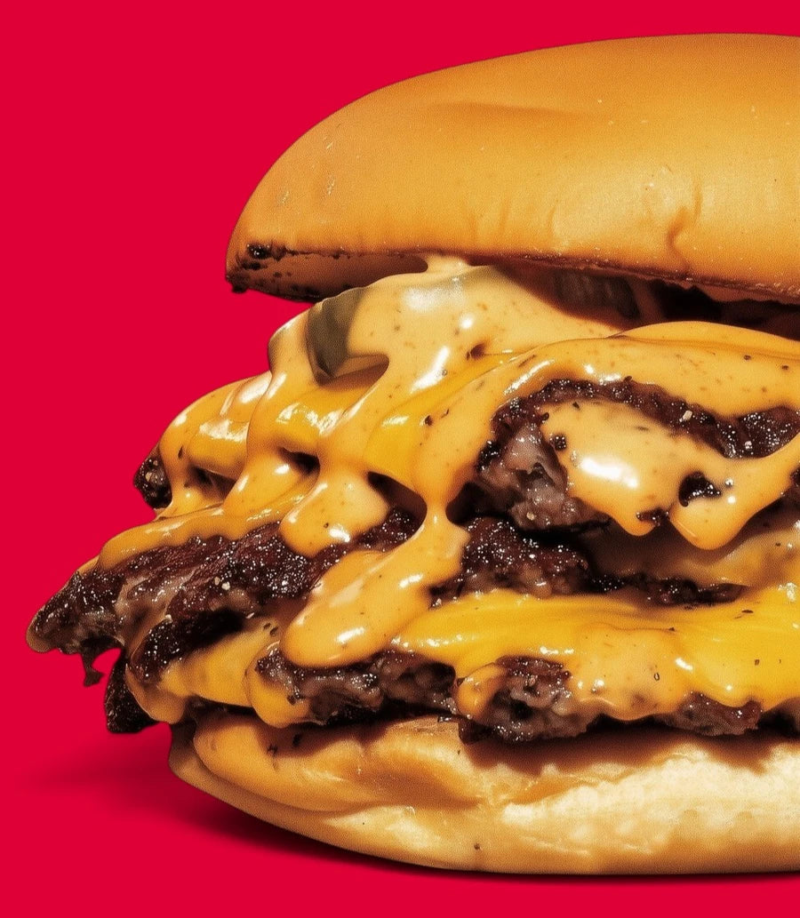 The 1976, smash burger de Woody's Factory sur fond rouge