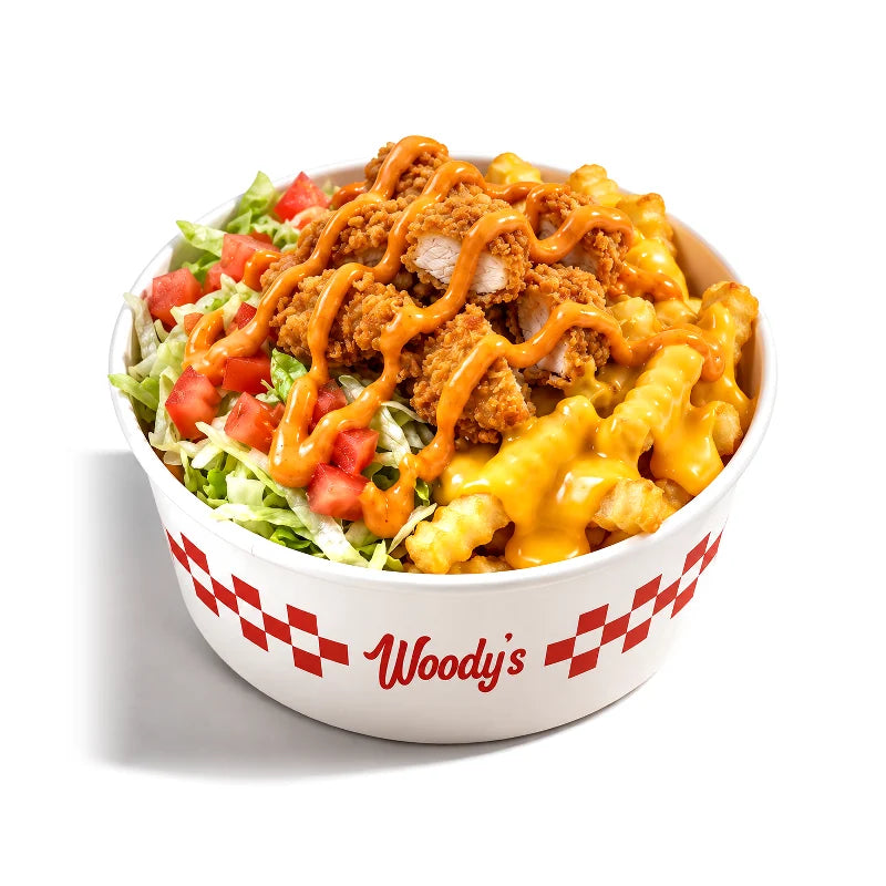 The Burger Bowl, sans pain : frites cheddar, salade, tomate, viande au choix, sauce maison